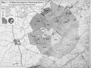 In the event that a major incident should occur at Plant Vogtle, the 10-mile radius from the plant site known as the Plume Exposure Pathway Emergency Planning Zone, is divided into 11 zones. Zone A includes the 2-mile radius around the plant. Zones B-5 through F-5 include the approximate twoto five mile radius and Zones B-10 through F-10 include the approximate five-to-ten mile radius.
